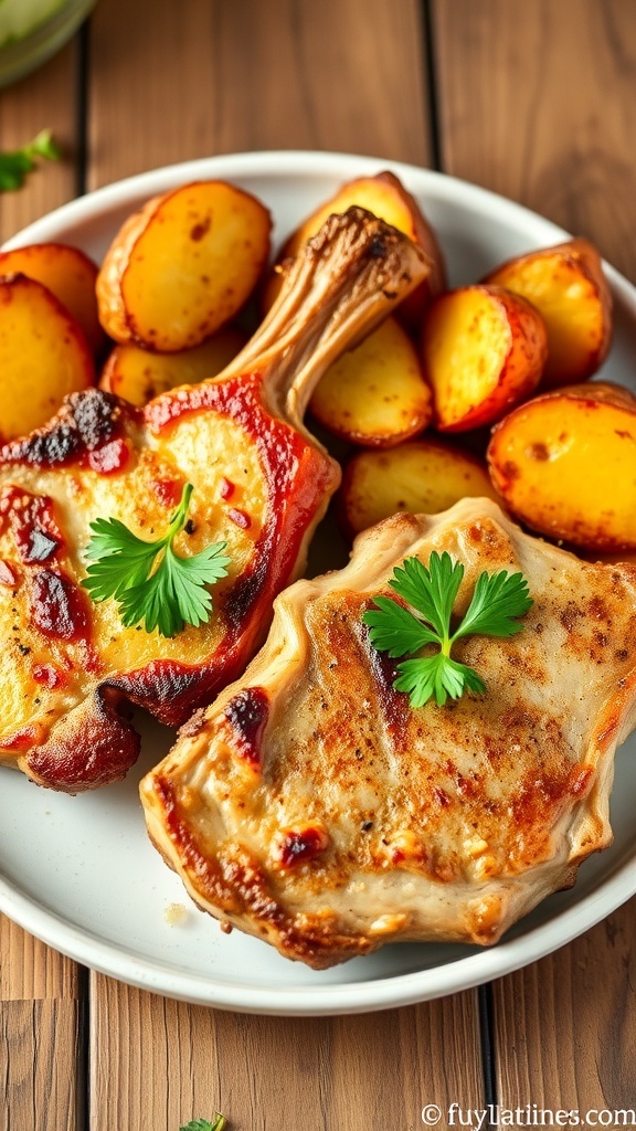 Crispy air fryer pork chops with roasted potatoes, garnished with parsley on a rustic table.